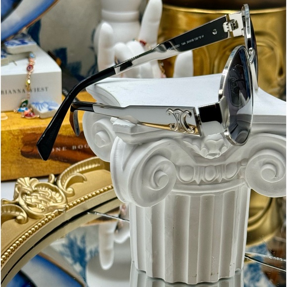 🆕 CELINE 🧿 NIB CL40235U 16A Metal Triomphe Oval Sunglasses, Silver & Smoke - Picture 12 of 16